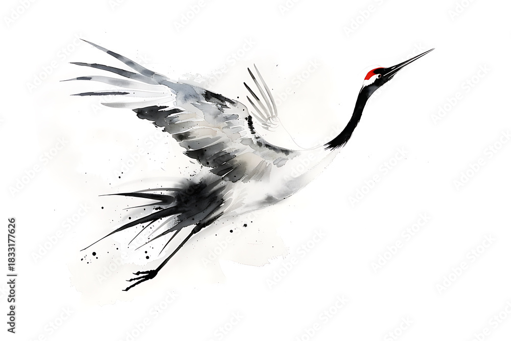 Fototapeta premium 大きく翼を広げて飛ぶ鶴を柔らかな筆致で描いた構図