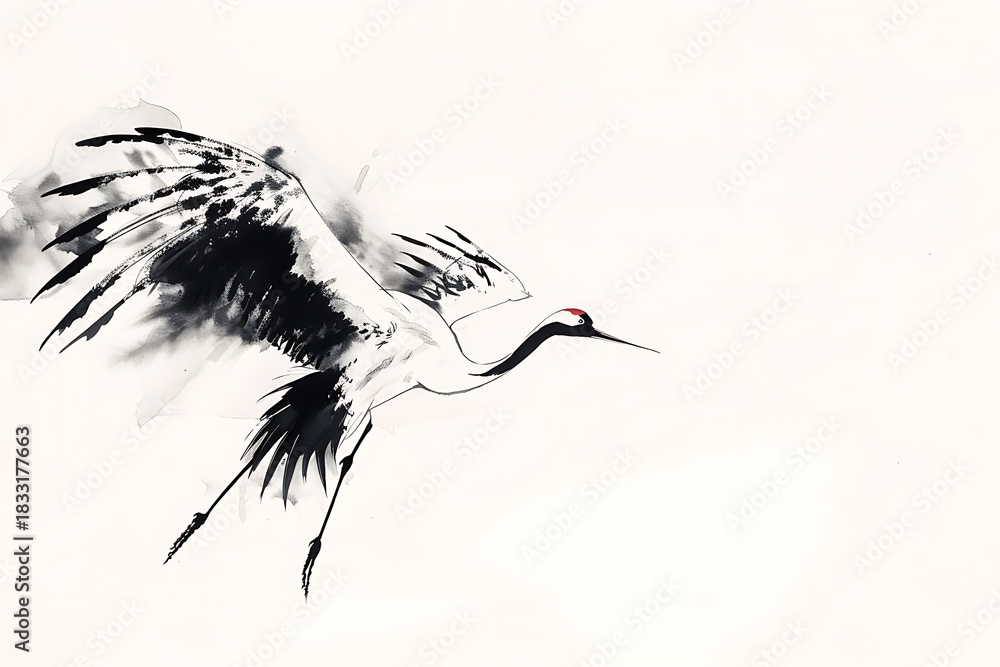Fototapeta premium 大きく翼を広げて飛ぶ鶴を柔らかな筆致で描いた構図