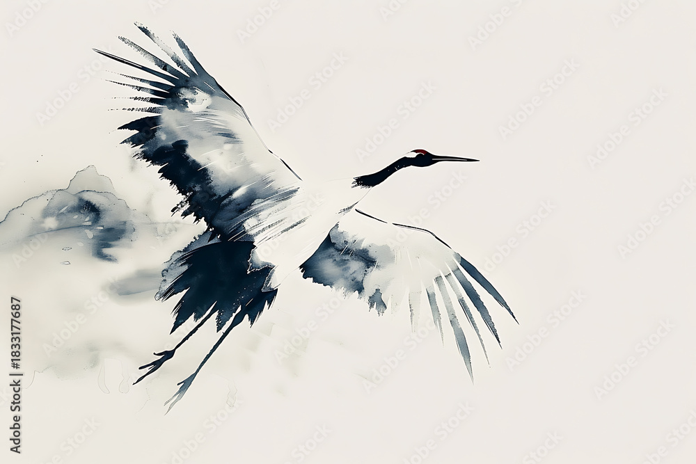 Fototapeta premium 大きく翼を広げて飛ぶ鶴を柔らかな筆致で描いた構図