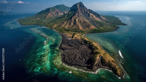 Fototapeta Naklejka Na Ścianę i Meble -  Drone view of Banda Islands with lava flows and coral reefs remote paradise in Indonesia