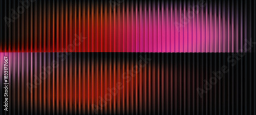 Neon ripple glass gradient in magenta, violet, ember orange on deep midnight. Sharp ribbed distortion, cinematic glow; abstract colorful background