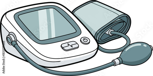 Digital blood pressure monitor and cuff vector illustration isolated on transparent background