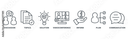 Meeting icon set vector concept with icon of discussion, topics, solutions, video conference, inform, plan, communication