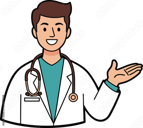 Male doctor with stethoscope and lab coat presenting isolated on transparent background