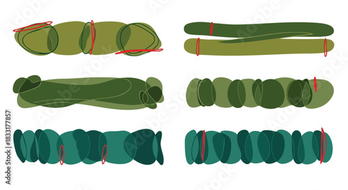 Abstract organic shapes and lines forming decorative elements in shades of green and red accents on a white background visually representing nature