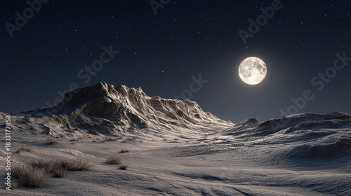 A serene nightscape with a full moon illuminating a desolate landscape