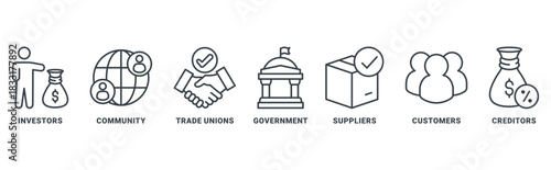 Stakeholder relationship icon set wih icon of community, trade unions, suppliers, and customers 
