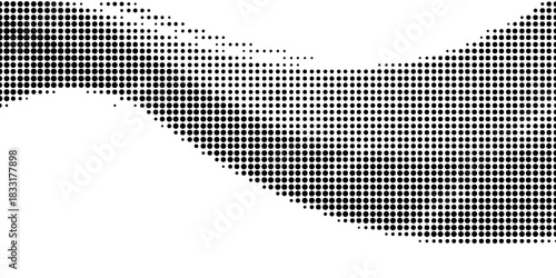 Halftone wavy swirl, dot pattern abstract curve, organic shape with monochrome gradient dotted texture. Isolated tendy design element on white background.