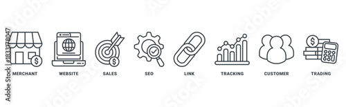 Affiliate Marketing icon set vector concept with icon of merchant, website, sales, seo, link, tracking, customer, trading 