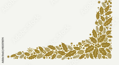 Elegant Golden Christmas Corner Border with Holly and Pine Cones against a Creamy Background