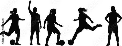 Silhouette female soccer players performing various football actions, dribbling, kicking, standing poses, dynamic athletic movement, sports activity