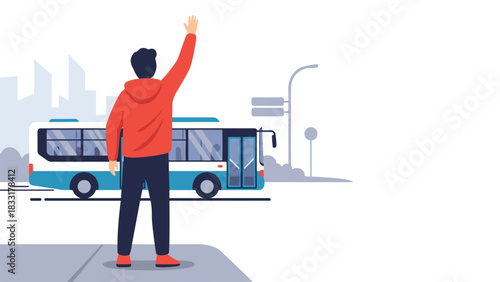 Energetic person hailing public transport with arm raised at bus stop in city ready for transportation commuting to work