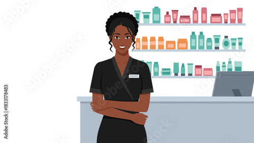 Confident beauty professional smiling in her modern spa, ready to help you look and feel your best today with skincare products