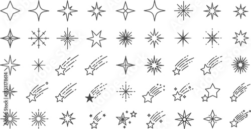 Elegant collection of star icons and shooting stars for modern design projects and festive greeting cards