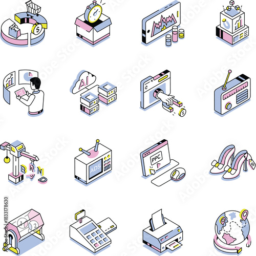 Pack of Marketing and Finance Isometric Style Icons 