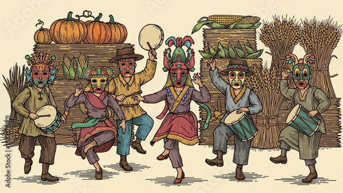 Group of people in traditional masks dancing with drums and crops in an illustration style drawing