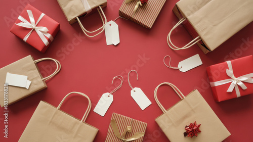 Christmas Gift Boxes and Holiday Shopping Bags on Festive Red Background