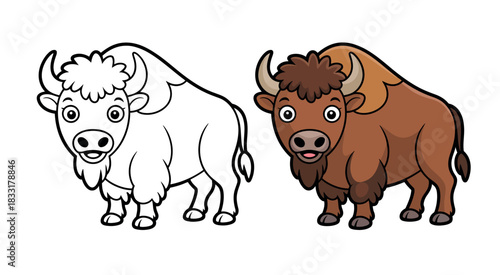 A brown bison drawing is shown next to a black and white outline for coloring.
