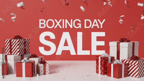 Boxing Day Sale Promotion with Red and White Holiday Gift Boxes, Boxing Day Sale Banner