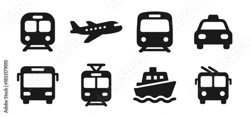 Transportation icon collection in black. Set includes subway train, airplane, tram, taxi, bus, trolleybus, boat, and ship