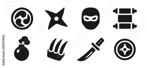 Ninja icon collection in black featuring clan emblem, shuriken, ninja mask, scroll, bomb, claws, katana and shield