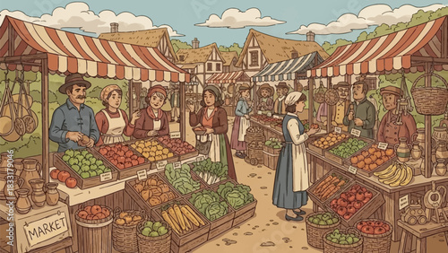 Illustration of a bustling medieval market scene with vendors and customers buying fresh produce items