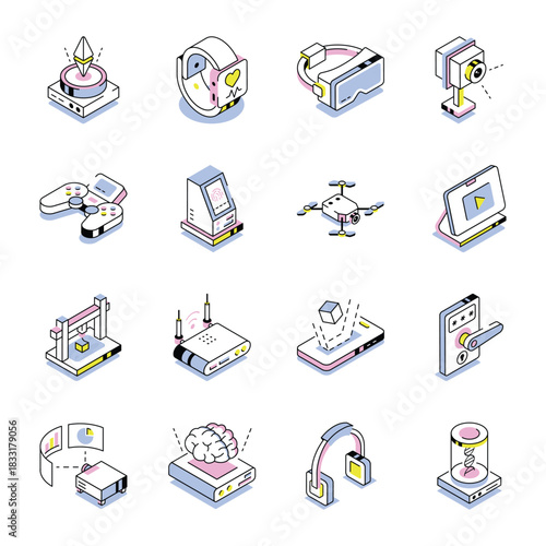 Collection of Technology and Digital Isometric Style Icons 