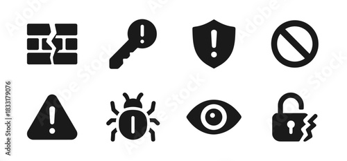Cyber security icon collection in black featuring firewall breach, security key alert, shield warning, forbidden sign, caution triangle, bug alert, eye monitoring and broken lock