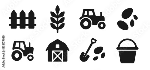 Farming icon collection in black featuring fence, wheat branch, tractor, seeds, barn, shovel with seeds and bucket
