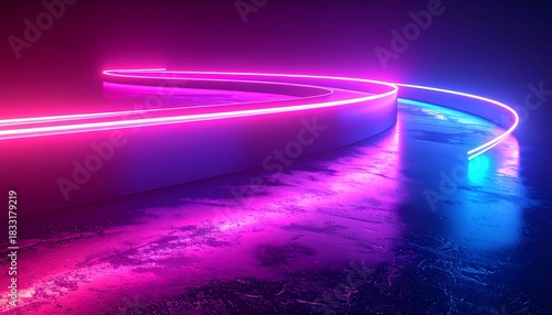 Curving platform illuminated with vibrant neon lighting, magenta merging into cyan on the textured surface below