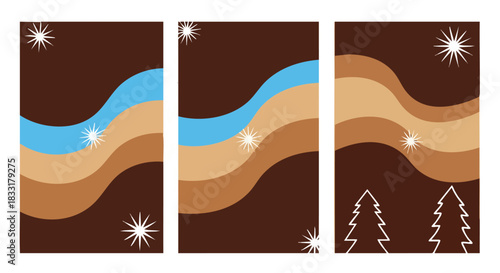 Abstract minimalist winter landscape artwork featuring earthy brown backdrops with flowing forms and starry elements for digital design assets