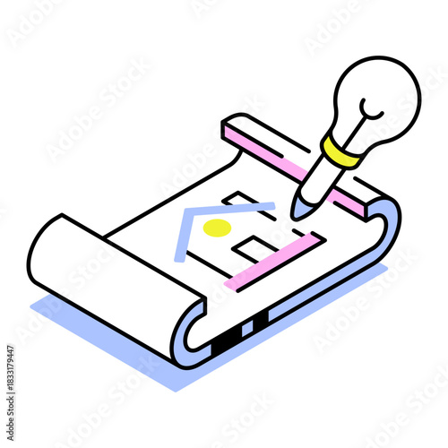 An isometric style icon showing blueprint