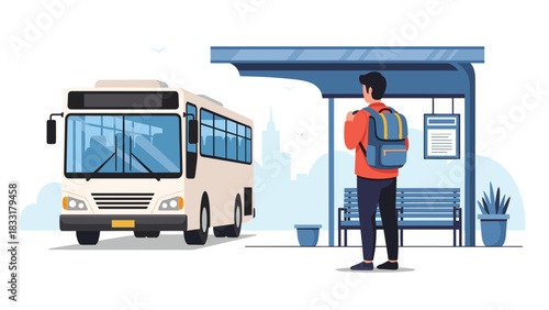 Young man with backpack waiting for the bus at the station in the city, urban public transportation, journey and cityscape