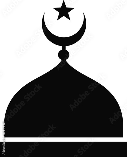 Black silhouette of a mosque dome featuring a crescent moon, star, and central orb, representing islamic muslim pray icon