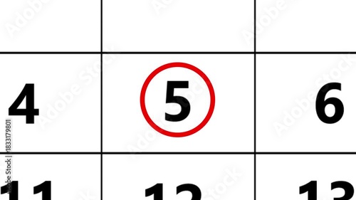 The calendar of january month 5th day is red circled,looped animation.A very important date in the calendar.Signing a day on a calendar.