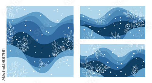 Abstract Winter Landscape with Wavy Blue Layers and Delicate White Foliage Accents Perfect for Seasonal Designs and Decorative Backgrounds