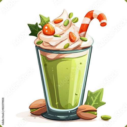 Vector illustration of a pistachio milkshake with whipped cream, nuts, striped straw, isolated on a white background. Vector illustration of pistachio beverage on white background