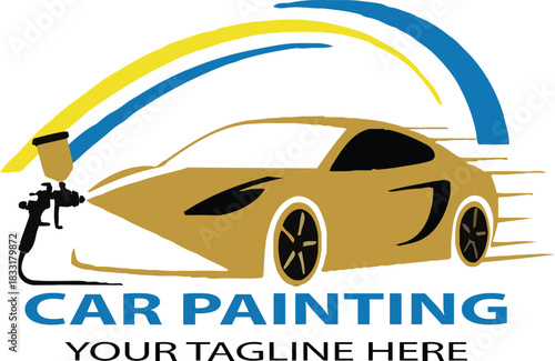 Professional Car Painting Service Advertisement with Spray Gun and Sport Vehicle
