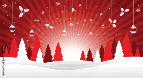 Festive winter forest scene with holiday decorations against a vibrant red background and a snowy landscape designed for seasonal greeting cards and