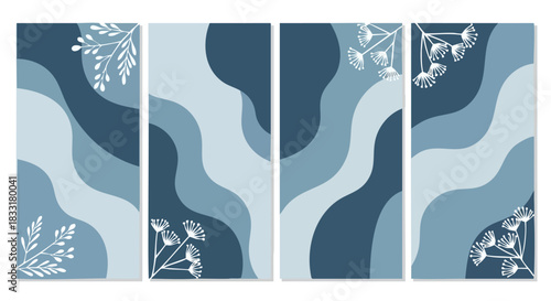 Serene abstract blue organic waves and delicate white botanical illustrations set for vertical storytelling backgrounds and digital art