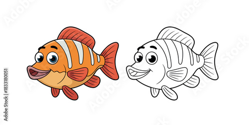 A colorful cartoon fish is depicted next to its black and white outline version for coloring.