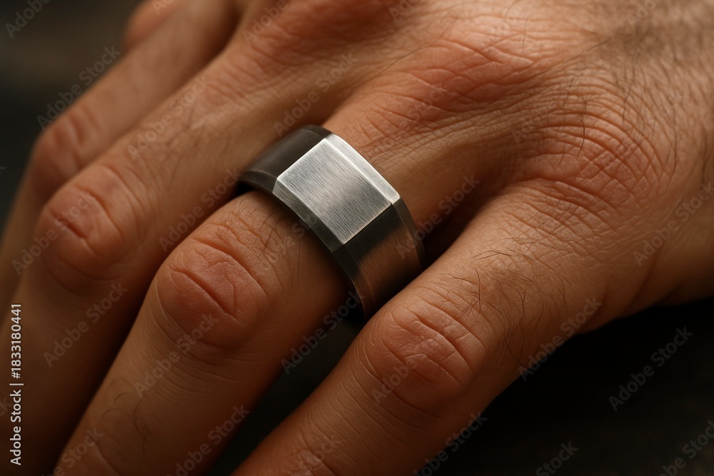 Fototapeta premium Men’s Metal Ring on Finger – Close-Up