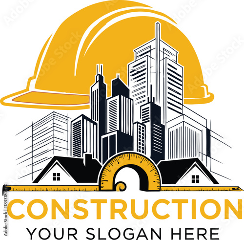 Construction company logo design with helmet buildings and measuring tape vector illustration