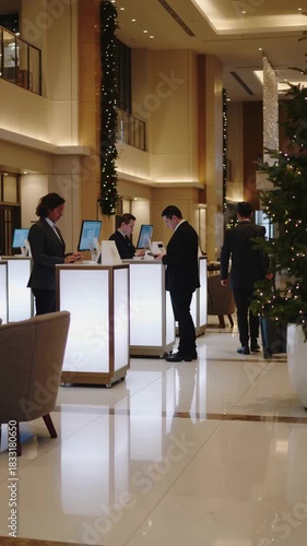 Travelers checking in at a luxurious hotel lobby decorated with a festive christmas tree and elegant lighting during the holiday season