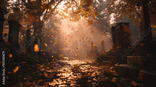 Autumnal scene in a serene cemetery with sunlight streaming through falling leaves and tombstones. A tranquil atmosphere of remembrance and natural beauty.