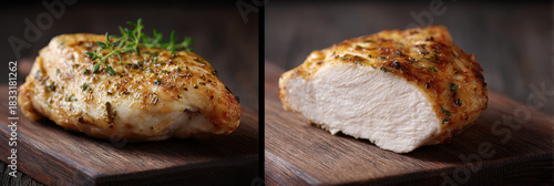 Grilled chicken cutting board diptych herb cooked raw breast thyme
