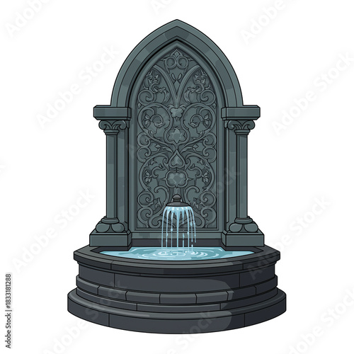 Mystical gothic fountain amidst tranquil darkness offering serene and magical atmosphere