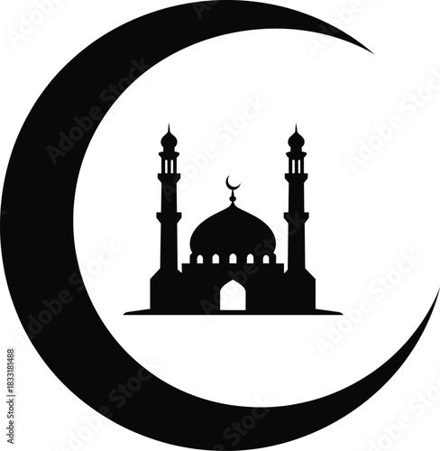 Islamic mosque silhouette with crescent moon and twin minarets muslim pray icon. traditional arabian architecture