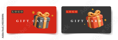 A set of gift cards, with a 3D box and a bow. Modern design. Retail, shopping, marketing. Loyalty program, bonus card. Birthday greetings. Vector illustration.