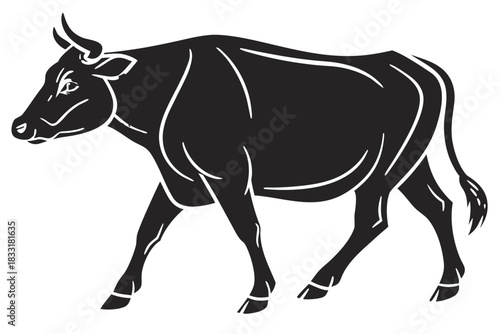 Stylized black bull walking side view illustration